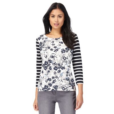 Maine New England Off white striped floral print top
